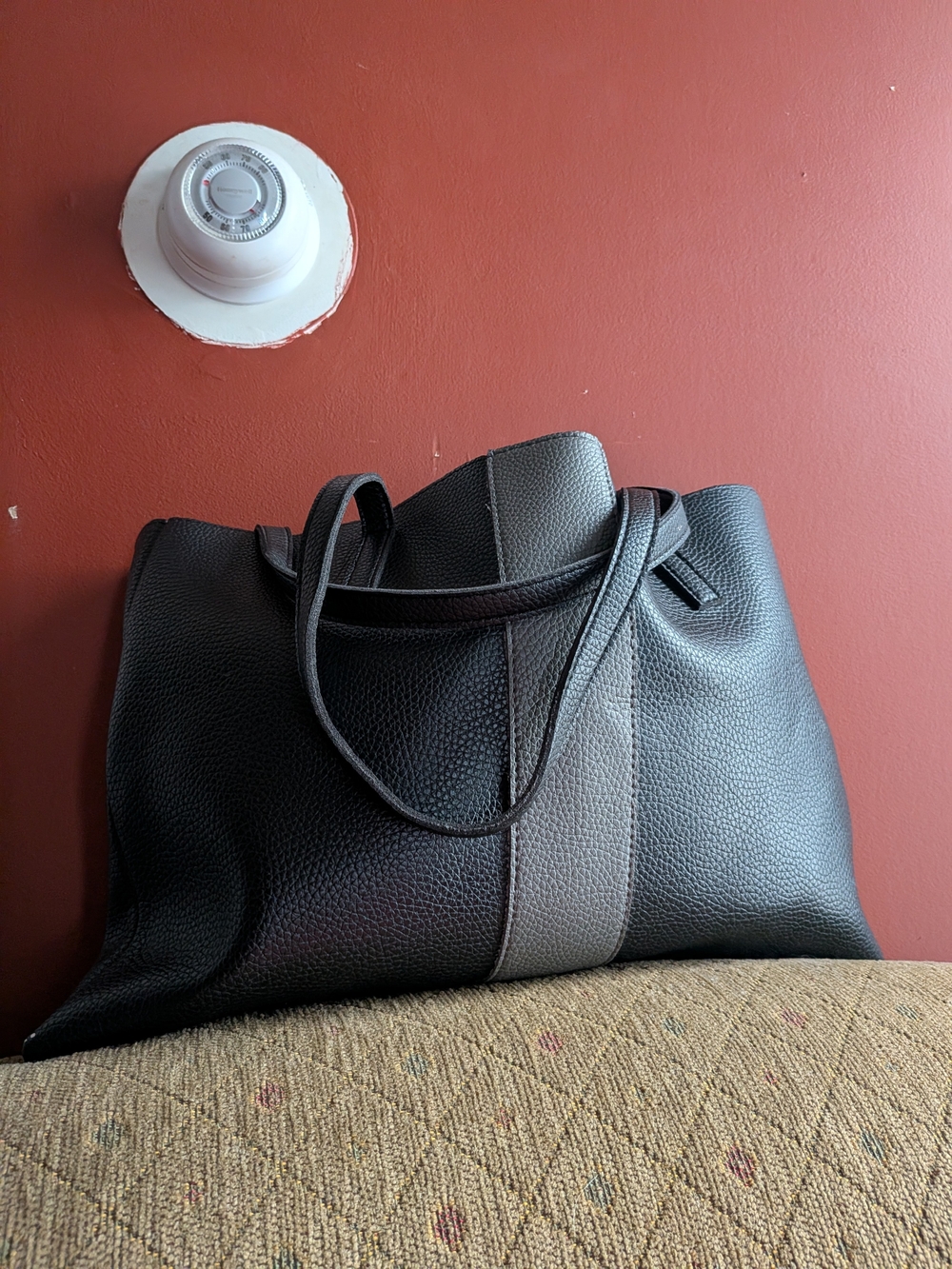 Vince Camuto Large Black Pebbled Tote with Gray Center Stripe.